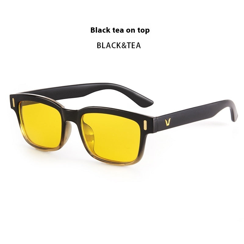 Sunglasses with yellow lenses and black frame on a white background