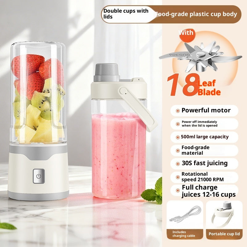 Electric USB juicer cup with double cups, clear blending lid, and pink smoothie cup