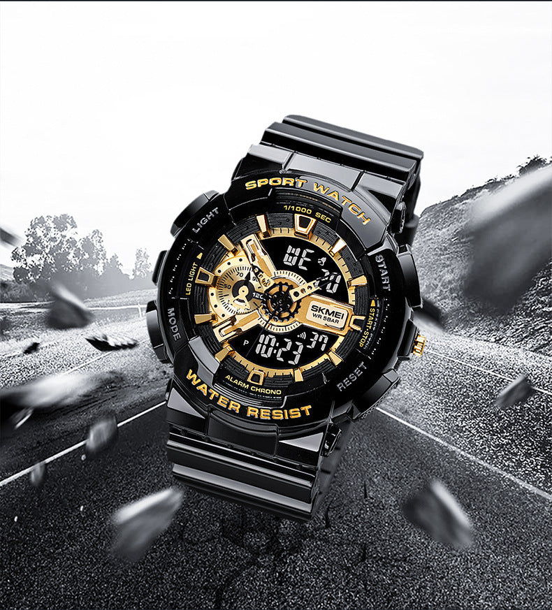 Black and gold sports watch with digital and analog display on a road background