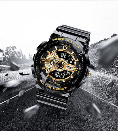 Black sports watch with gold accents, dual digital/analog displays, water-resistant