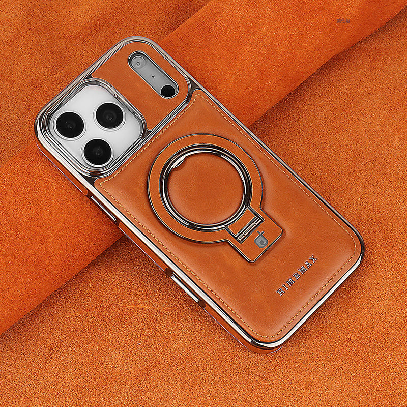 Leather iPhone Pro Max case with ring stand, tan brown with camera cutouts