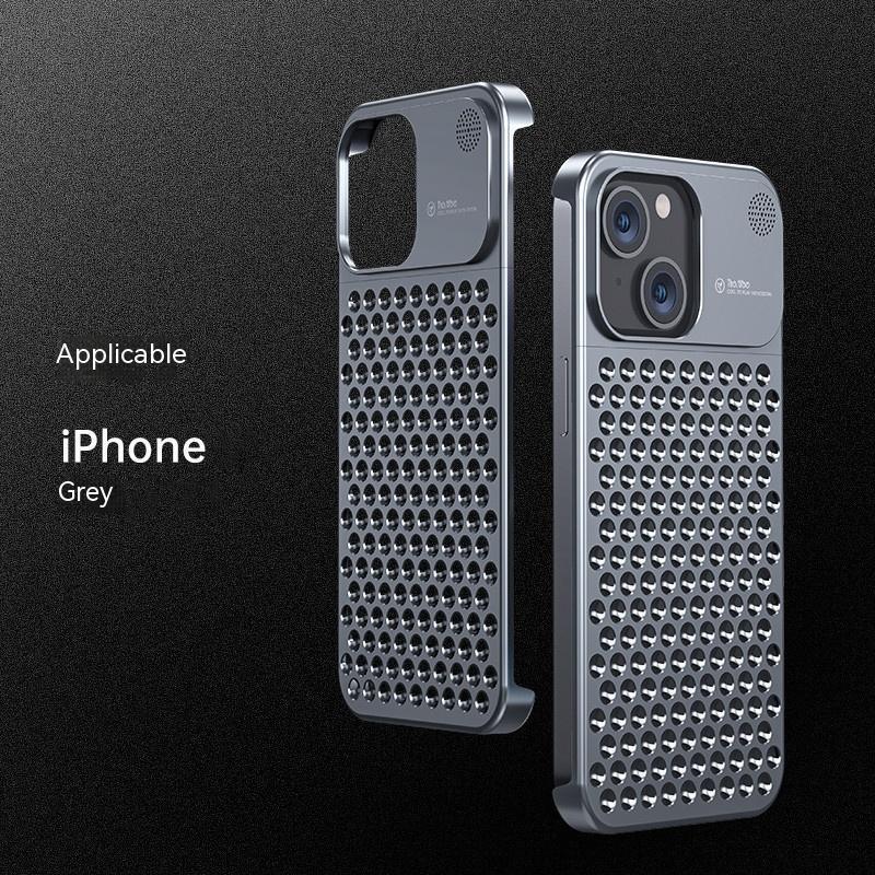 Gray aluminum alloy phone case with perforated pattern, side grips, camera opening