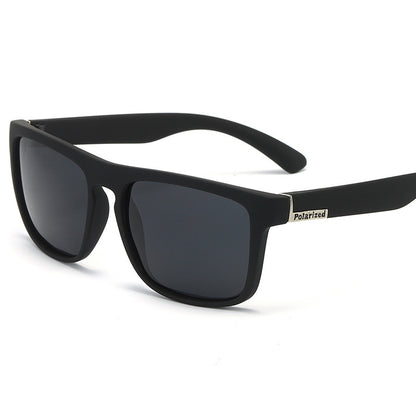Black sunglasses with a 'Polarized' label on a white background