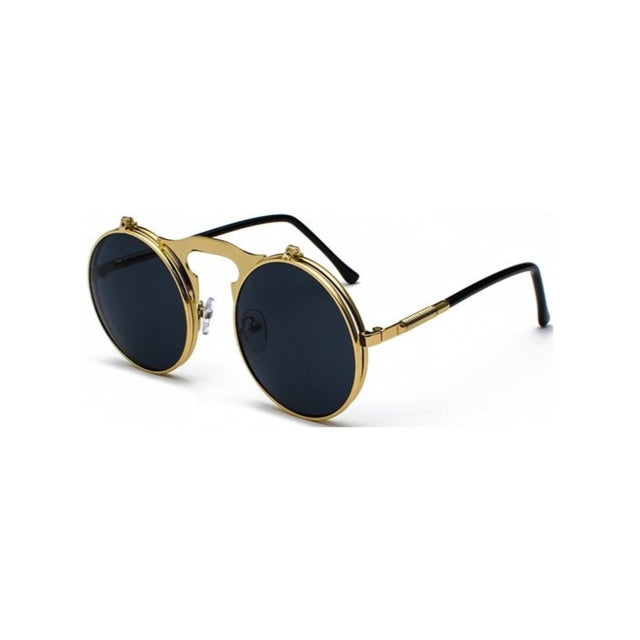 Round sunglasses with gold frame and black lenses on a white background