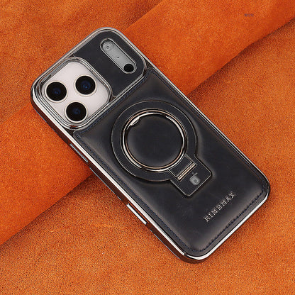 Leather iPhone Pro Max case with ring stand, black with camera cutouts