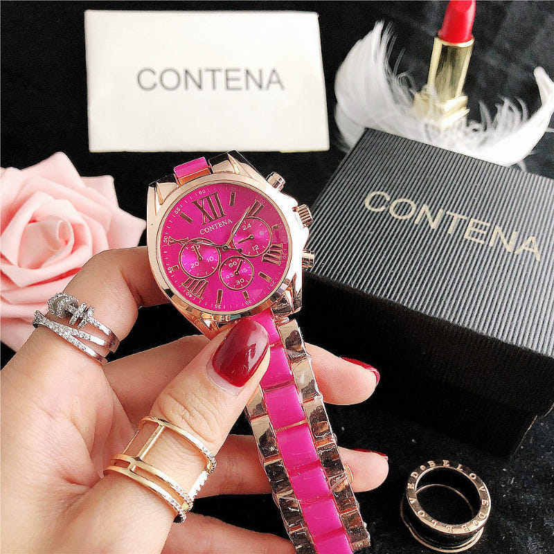 Ladies quartz watch with rose-gold tone case, bright pink Roman-numeral dial, pink strap