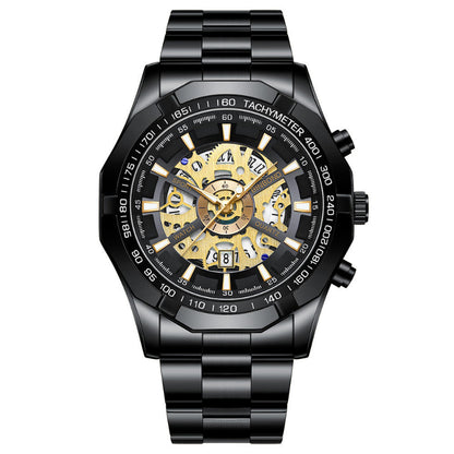 Black and gold mechanical watch on a white background