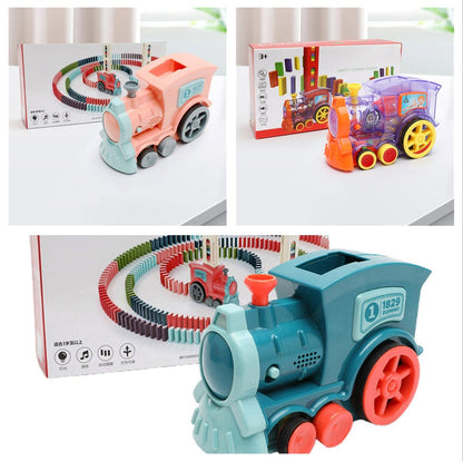Teal and orange domino train car puzzle toy with colorful domino track pieces