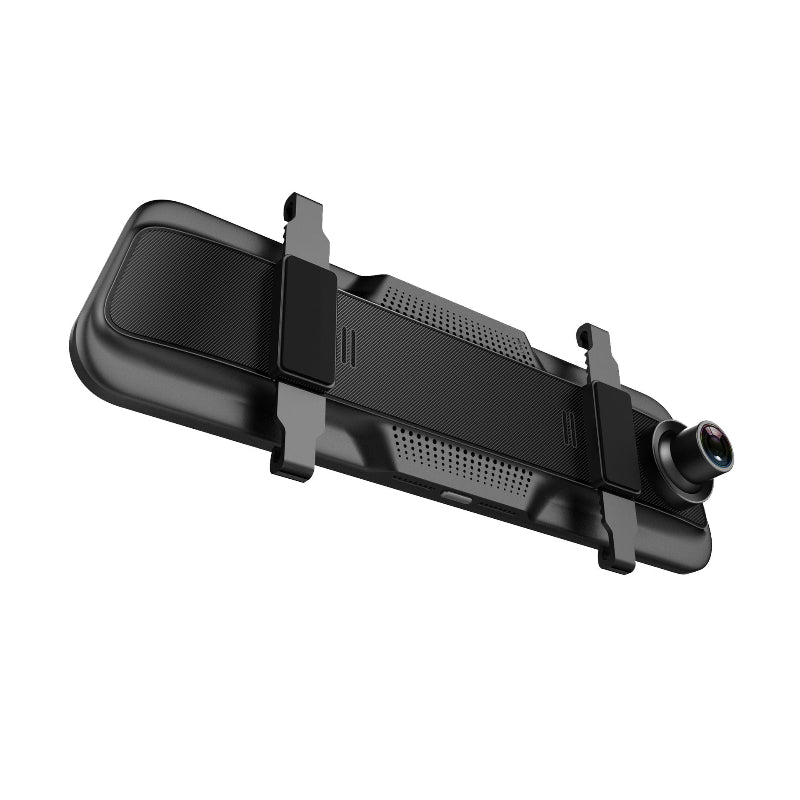 Black car rearview mirror with camera on a white background
