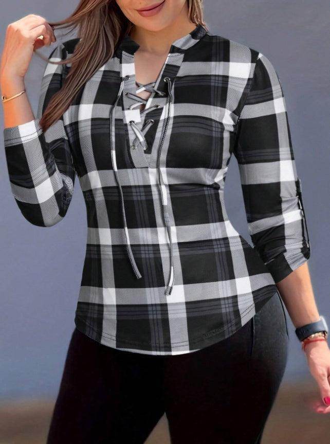 Women's Plaid Notch Neck Criss Cross Tie Short Sleeve T-Shirt - YAXSO