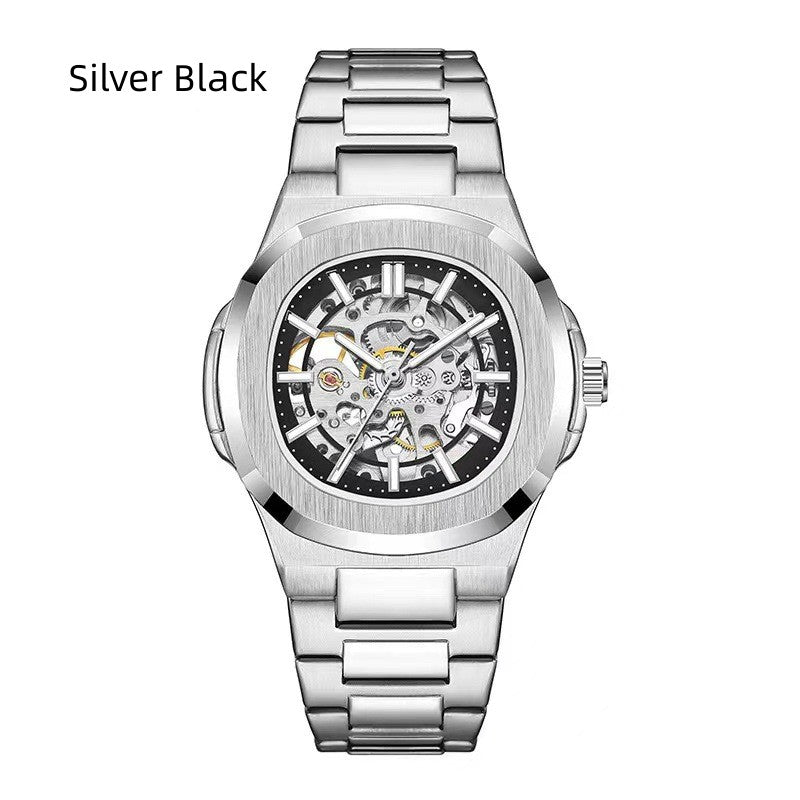 Silver and black watch with visible mechanism on a white background