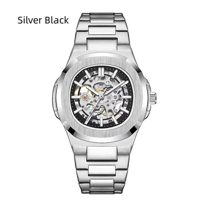 Silver and black watch with visible mechanism on a white background