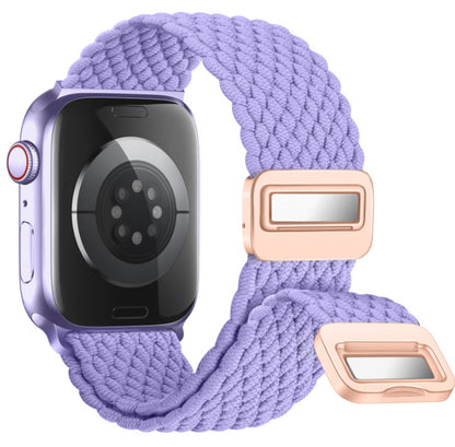 Smartwatch with a purple braided band and rose gold buckle on a white background