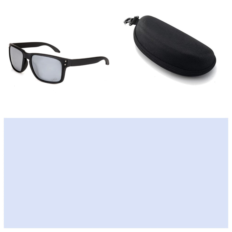 Black sunglasses with a black case on a white background