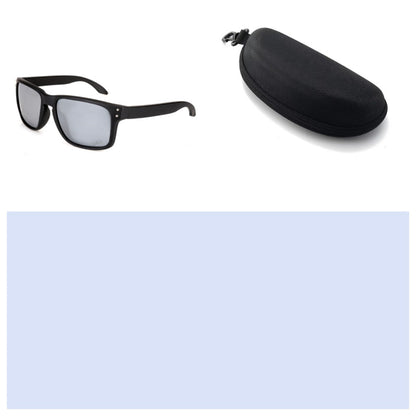 Black sunglasses with a black case on a white background