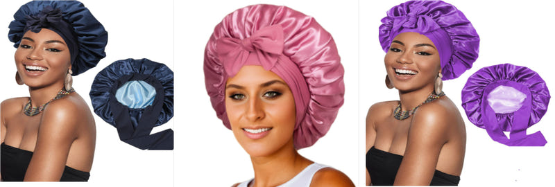 Satin ribbon round cap with gathered double-layer ruffle and top bow in mixed colors.