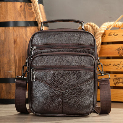 Men's genuine leather crossbody bag, dark textured leather with front zip pockets and strap