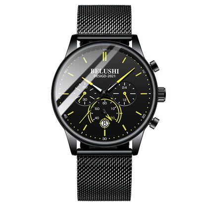 Black watch with yellow details on a white background