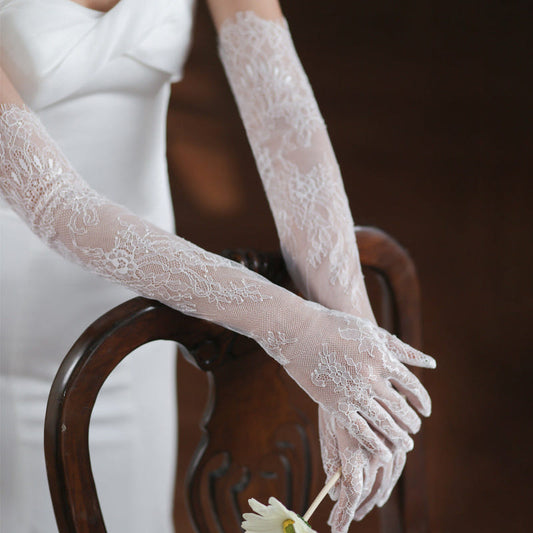 White lace tulle long bridal gloves with floral pattern and scalloped cuff