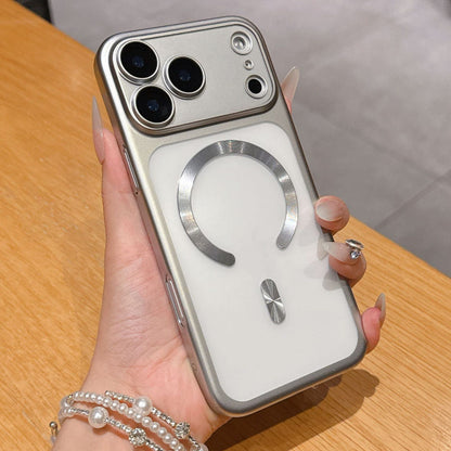 Silver protective phone cover with white panel and circular grip ring