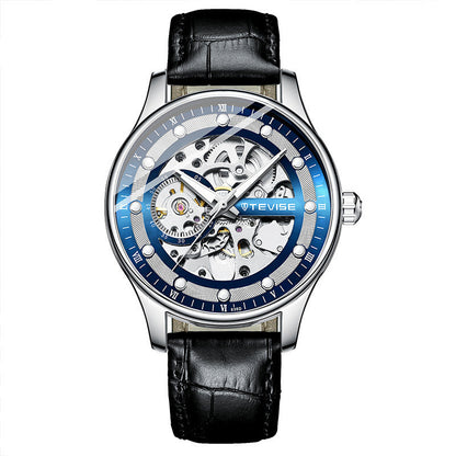 Watch with black leather strap and blue dial on a white background
