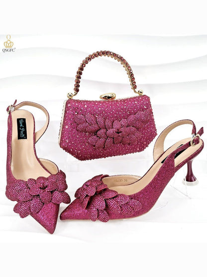 Rose red glitter rhinestone heeled shoes with matching beaded handbag and bow flower accents