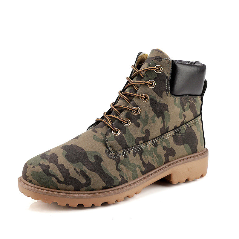 Men's high-top leather boots, camouflage lace-up with padded collar and chunky outsole