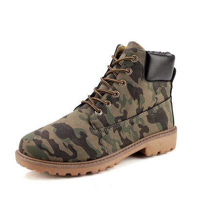 Men's high-top leather boots, camouflage lace-up with padded collar and chunky outsole