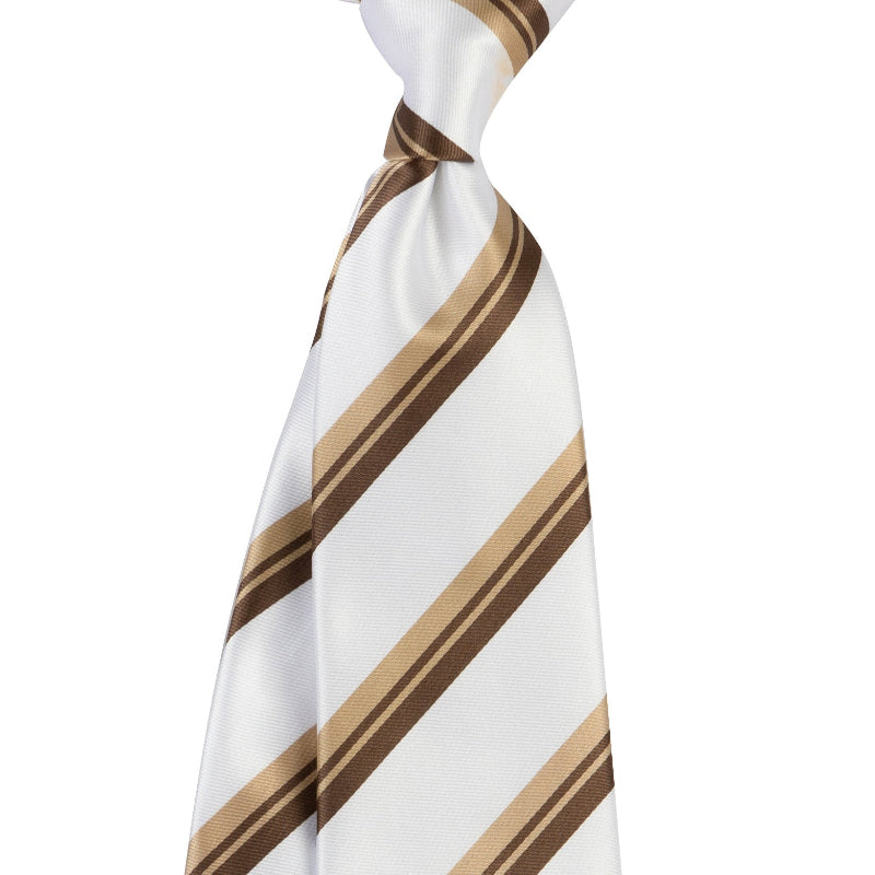 White tie with brown and beige diagonal stripes on a white background