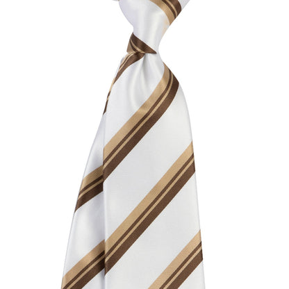 White tie with brown and beige diagonal stripes on a white background