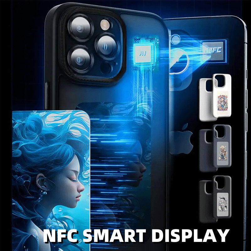 E-ink smart display phone case, dark blue back with square camera cutout