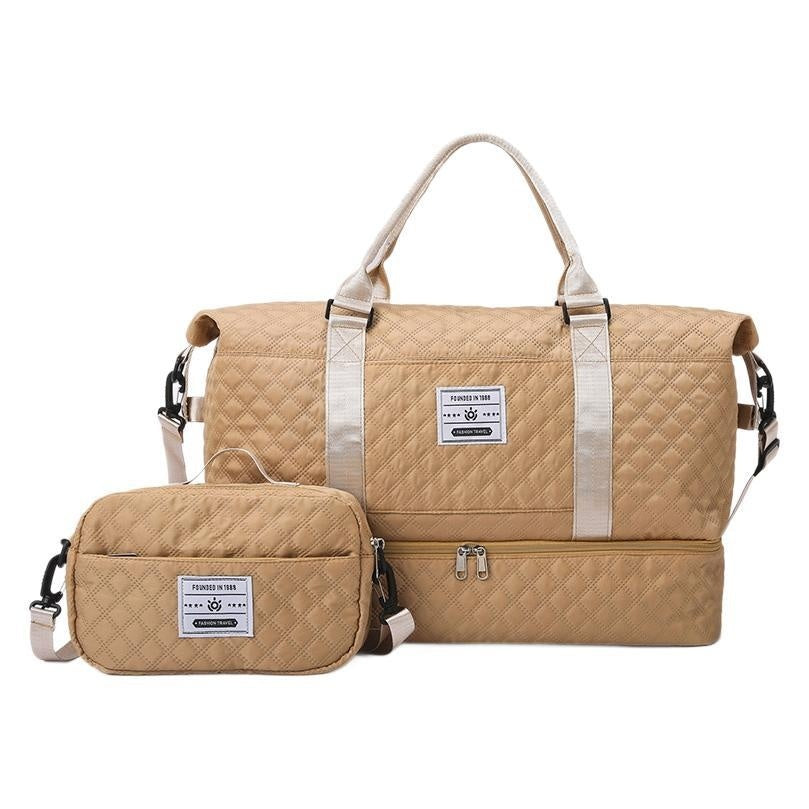 Beige quilted travel bag with top handles and matching crossbody pouch