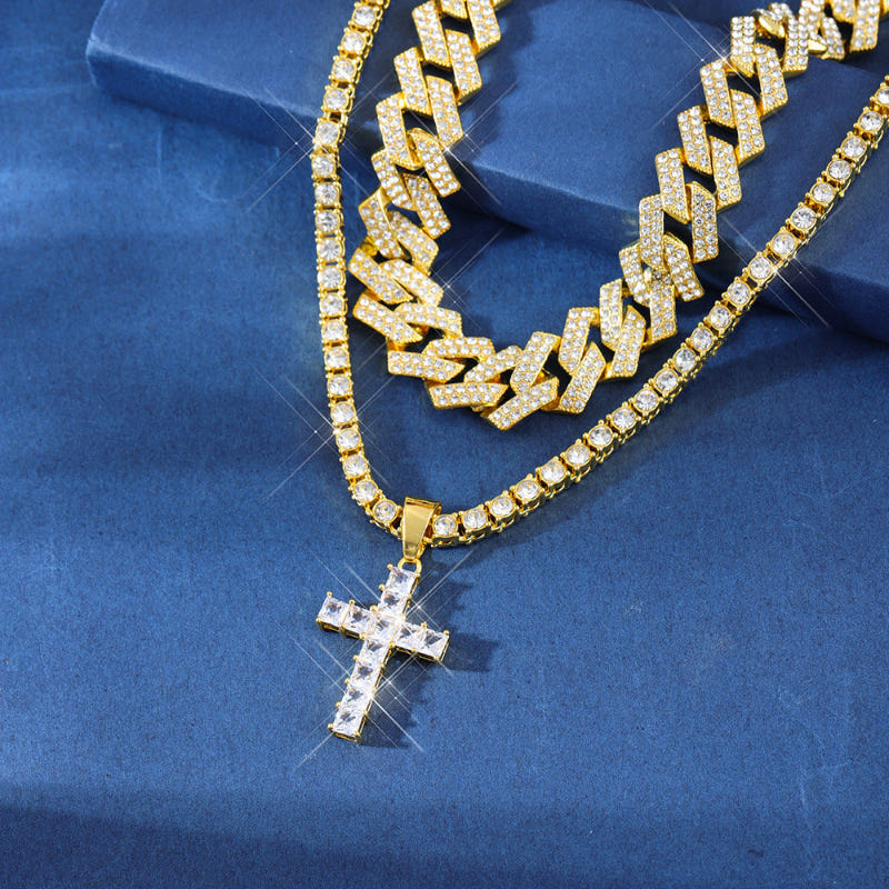 Gold zircon cross pendant necklace with Cuban-link style chain and cross charm