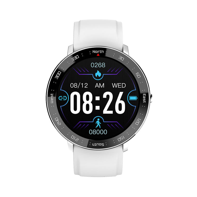 Smart watch with white silicone band and round black touchscreen display
