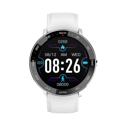 Smart watch with white silicone band and round black touchscreen display
