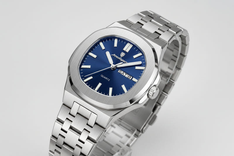 Silver-tone stainless steel quartz watch with blue dial and metal link bracelet