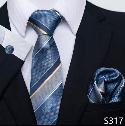 Blue striped tie and matching pocket square with a suit