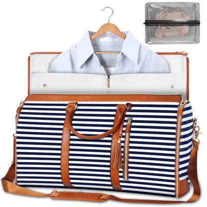 Large capacity travel duffle bag, navy-and-white striped with brown straps, open front compartment