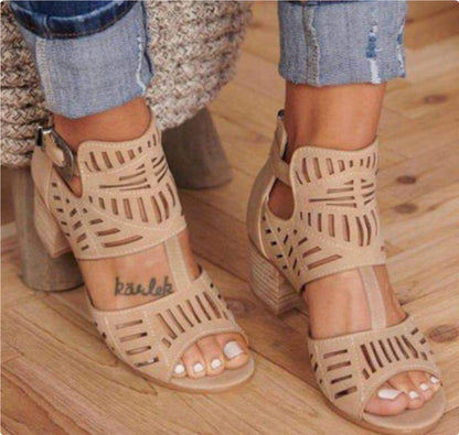 Women's light tan block-heel sandals with cutout design, open toe, and buckle ankle strap