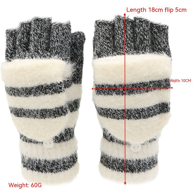 Pair of gray and white striped fingerless gloves with measurements and weight information on a white background.