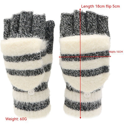 Pair of gray and white striped fingerless gloves with measurements and weight information on a white background.