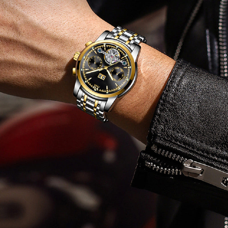 Two-tone mechanical watch with black dial and metal link bracelet