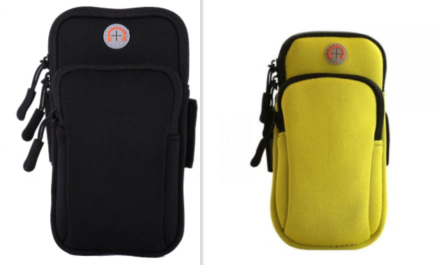 Black and yellow running phone pouches with black trim, zipper closures, and side attachment