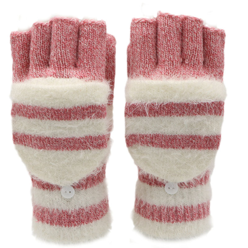 Pair of red and white striped fingerless gloves on a white background