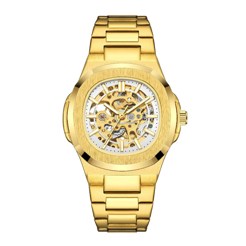 Gold wristwatch with a white face on a white background