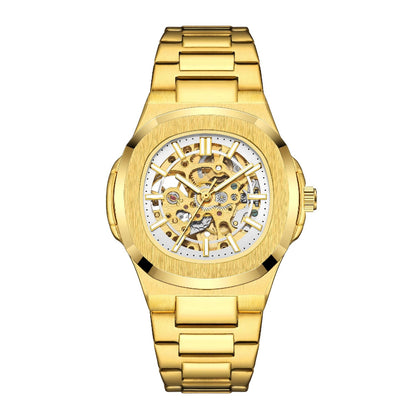 Gold wristwatch with a white face on a white background