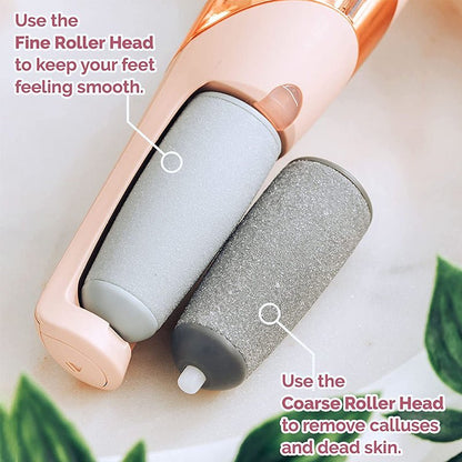 Close-up of pink electric foot file with fine and coarse roller heads