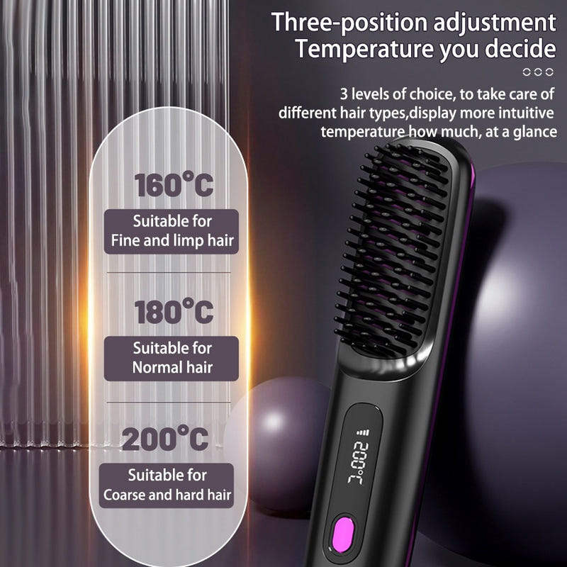 Dark hair straightener brush with temperature control button and purple indicator light