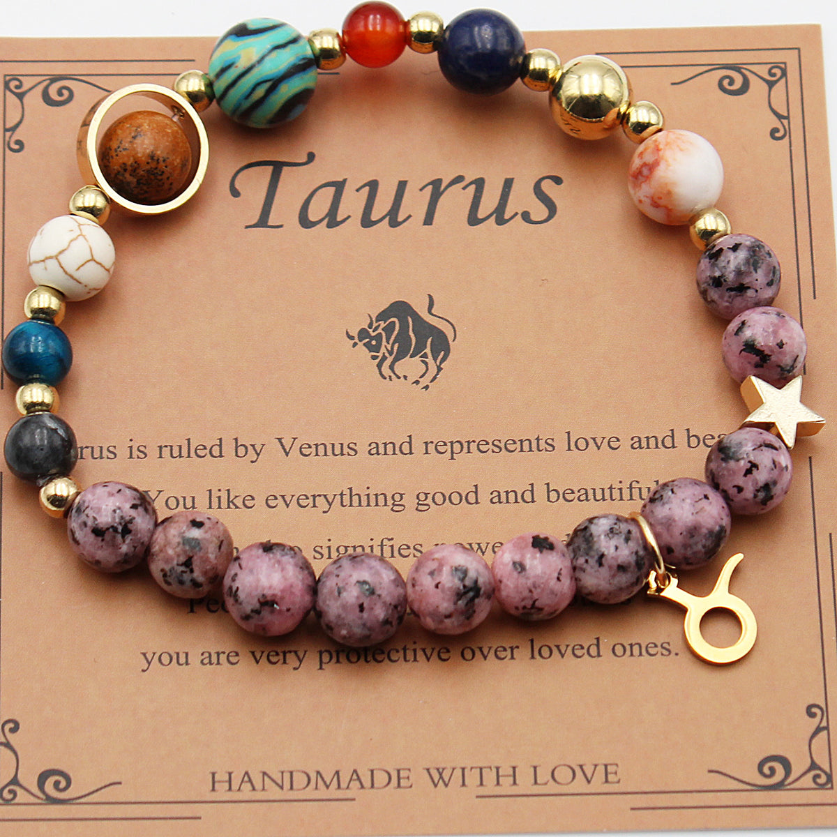 Natural stone beaded hemp bracelet with gold-tone accents and star charm