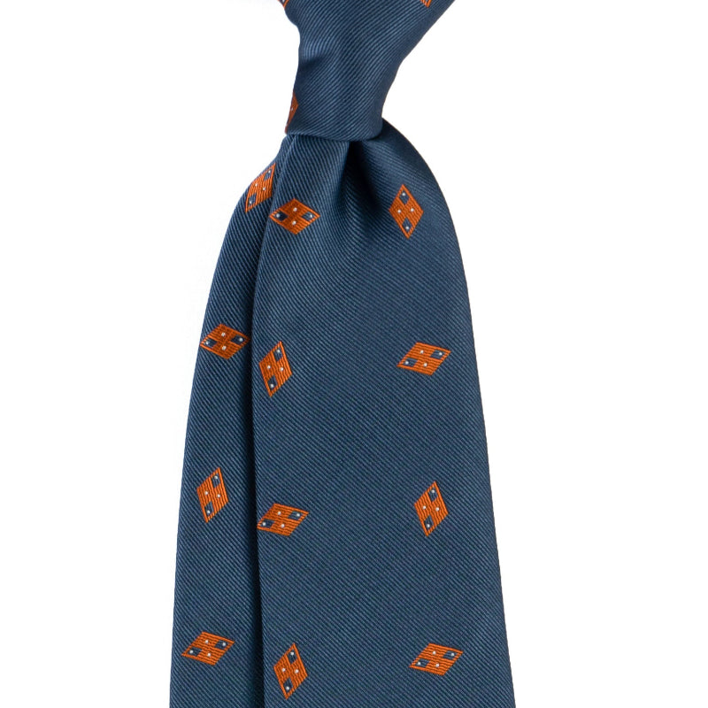 Blue tie with orange diamond pattern on a white background